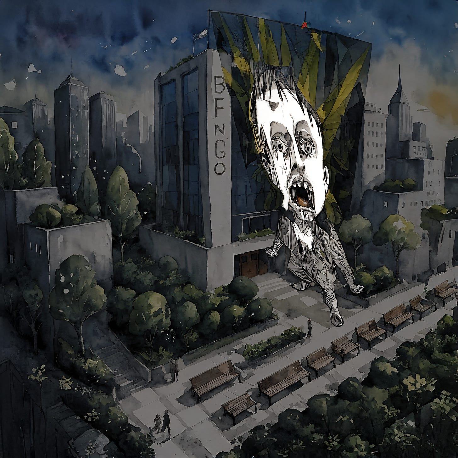 "Biggest Freaking NGO on the Planet" by Johnny Profane Au.  The image portrays a surreal cityscape at night, centered on a modern building labeled "BFNGO." A gigantic, ghostly figure with a terrified, exaggerated expression looms over the building, resembling Edvard Munch's "The Scream." This haunting figure evokes themes of stress and anxiety, paralleling the article's exploration of the emotional and sensory overload experienced in high-pressure work environments. The art style combines expressionism and gothic horror, with bold lines and a muted palette. The dramatic chiaroscuro effect highlights the figure, emphasizing the sense of overwhelming pressure. Surrounding the central figure are detailed urban elements like trees and benches, rendered in a subdued manner to maintain focus. The eerie, nightmarish atmosphere reflects the article's themes of hidden agendas, manipulation, and the struggle for authenticity in a corporate setting. The image captures the internal turmoil and exhaustion faced by neurodivergent professionals navigating socially complex environments.