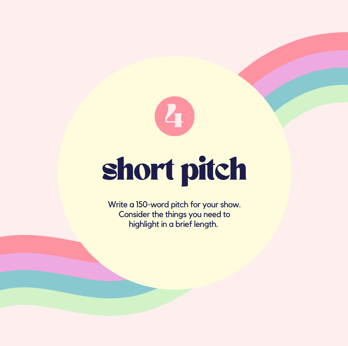 Week 4: Short Pitch. Write a 150-word pitch for your show. Consider the things you need to highlight in a brief length.
