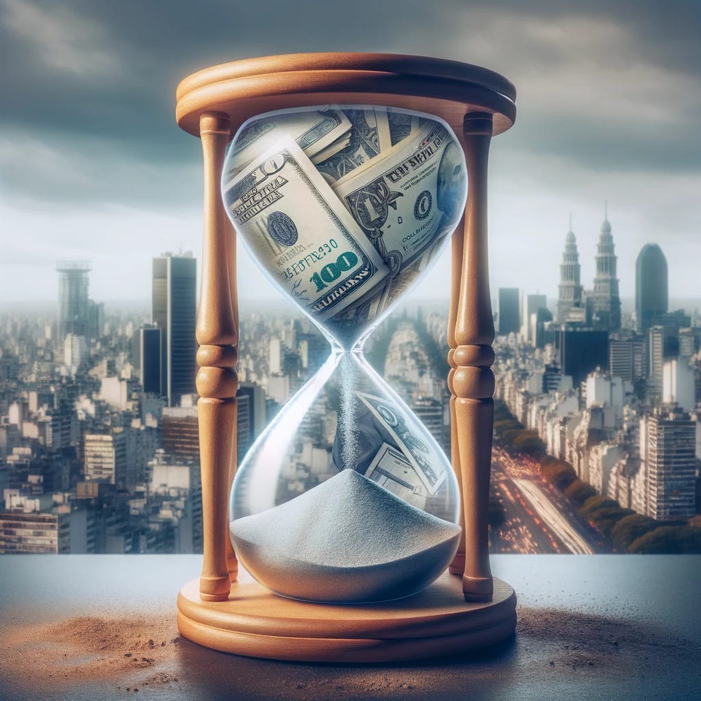 Conceptual image showing an hourglass with one side filled with Argentine pesos and the other side with a shrinking pile of dollars, symbolizing the rapid devaluation of the Argentine currency and economic instability. The background is a blurred image of Buenos Aires cityscape, representing the impact on the nation.