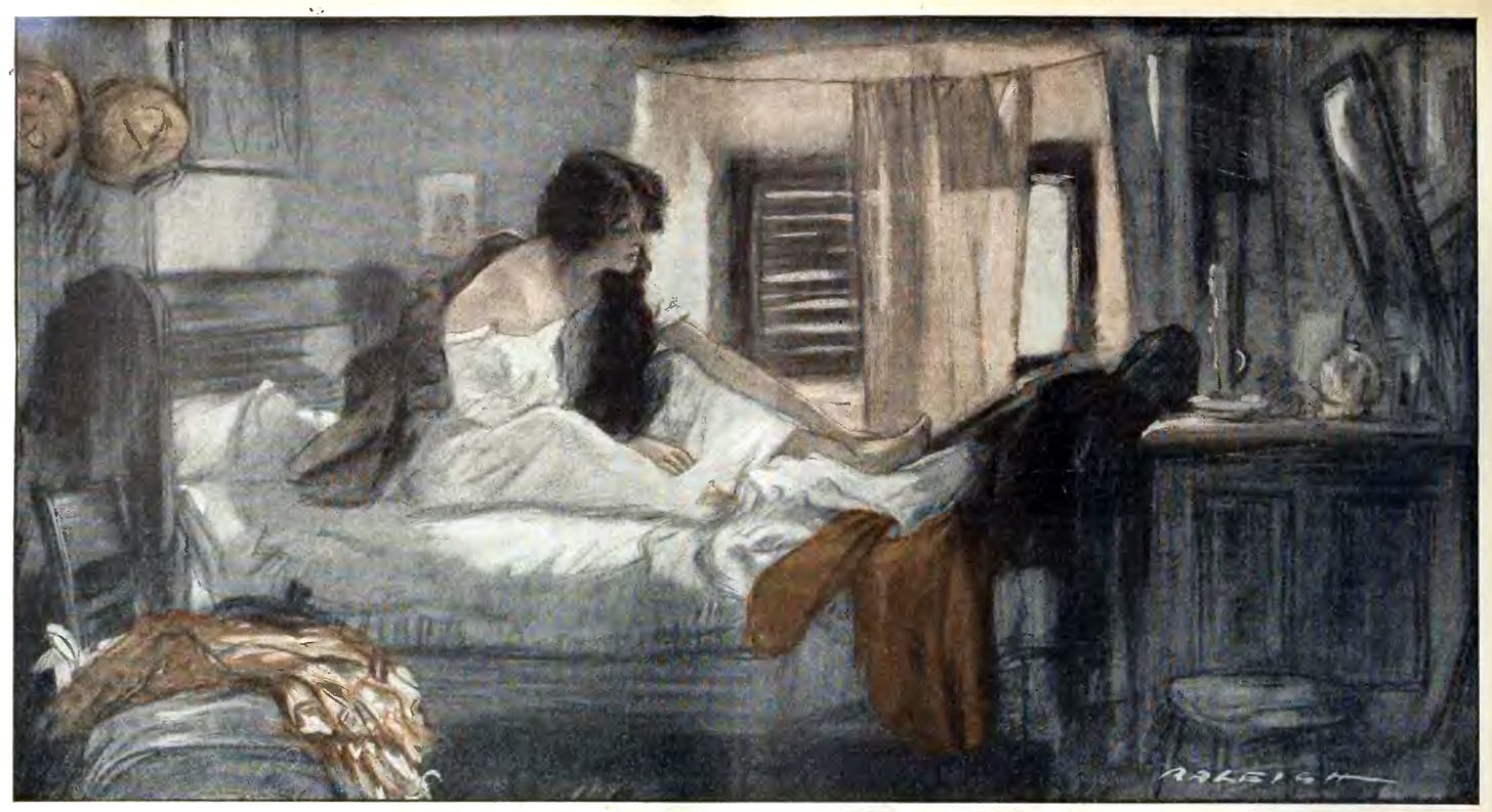 A young white woman with long dark hair, clot clothed perhaps just in the white sheets that drape her like a dress, examines her outstretched legs. The original caption describes the situation: They were covered with scratches from the rose thorns of the night before, and one toe had been badly cut by glass. The illustration is done with pastels or conte crayons and has a soft, Romantic feel and blurred charcoal tones.