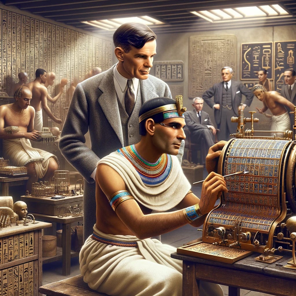 A scene where an ancient Egyptian scribe is helping Alan Turing configure his Enigma machine, which is represented as a modern, avant-garde scytale. The scribe, dressed in traditional Egyptian attire with a linen kilt and a headdress, is shown in the process of inscribing hieroglyphs onto the scytale. Alan Turing, in a mid-20th century suit, is attentively observing and assisting. The setting blends elements of an ancient Egyptian workshop with a futuristic laboratory, featuring a mix of hieroglyphic scrolls and advanced computational equipment. The overall atmosphere is collaborative and innovative.