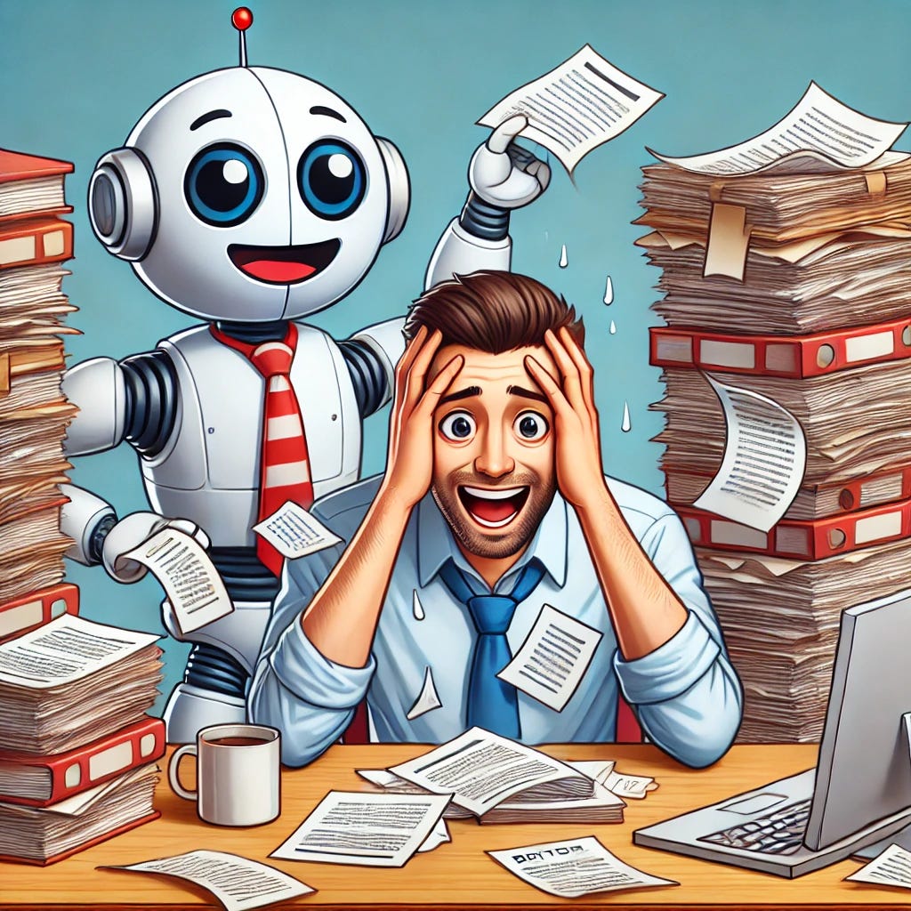 A funny depiction of an overwhelmed author with a headache, sitting at a desk piled with books and papers, looking frustrated. In the background, a friendly robot with a big smile is helping organize the mess, sorting through documents and handing over neatly arranged papers. The robot looks efficient and cheerful, representing an automated systematic review tool, while the author feels relieved, holding their head with a smile of relief.