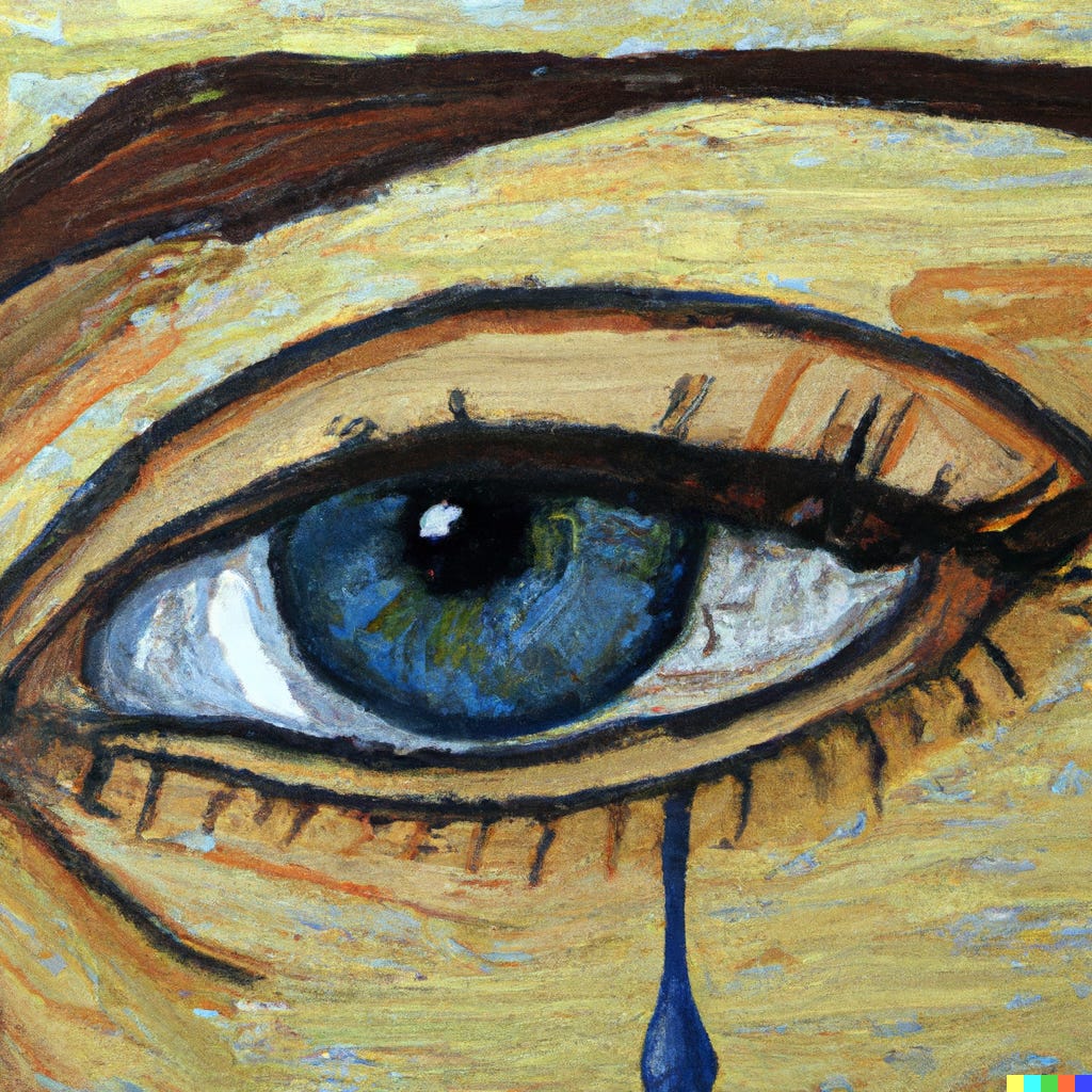 In brushstrokes, a close up of a woman's blue eyes with a single tears dropping down her face.