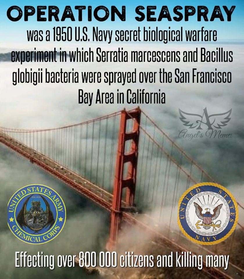 May be an image of ‎text that says "‎OPERATION SEASPRAY was a 1950 U.S. Navy secret biological warfare experimentin which Serratia marcescens and Bacillus globigii bacteria were sprayed over the San Francisco Bay Area in California ك Angel's AngelsMemes SAWDASHIVISAA STATESARMY STATES ARMY CHEMICAL CORYS Effecting over 800 000 citizens and killing many‎"‎