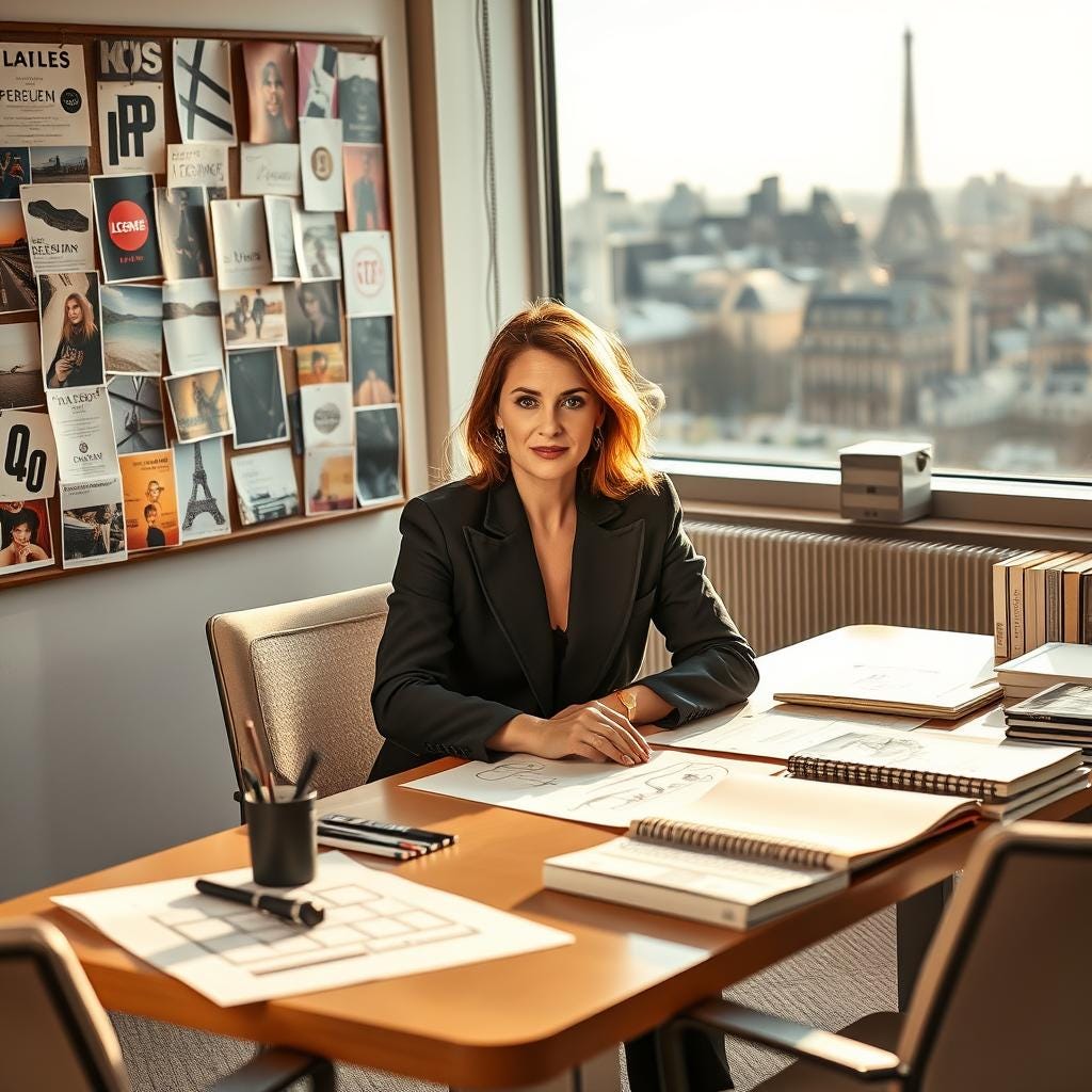 Woman with fiery red hair seated at a desk in front of a window with the Eiffel Tower in the background