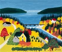 Un dibujo colorido de un paisaje de un pueblo con mar, río , árboles y casas pintado de un modo colorista y naif por Maud Lewis.