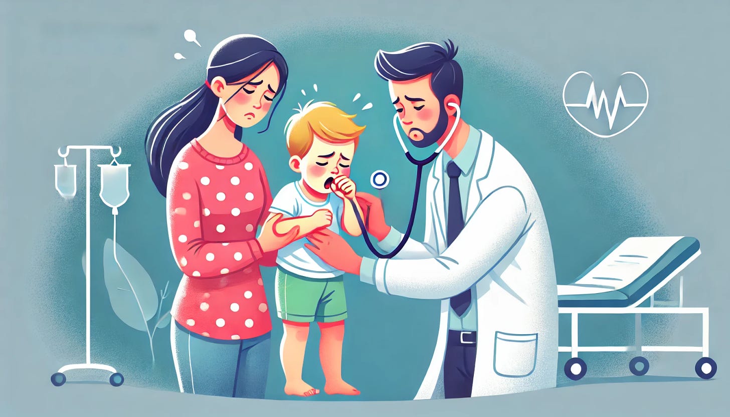 Create a horizontal illustration focusing on the rise of walking pneumonia among children, with 1-2 dominant visual elements. Feature a concerned parent holding a child who appears fatigued and unwell (coughing), and a doctor using a stethoscope to examine the child. Use a background that suggests a pediatric clinic setting. Keep the image informative and empathetic, with no text or words, and avoid any alarming or fearful depictions.