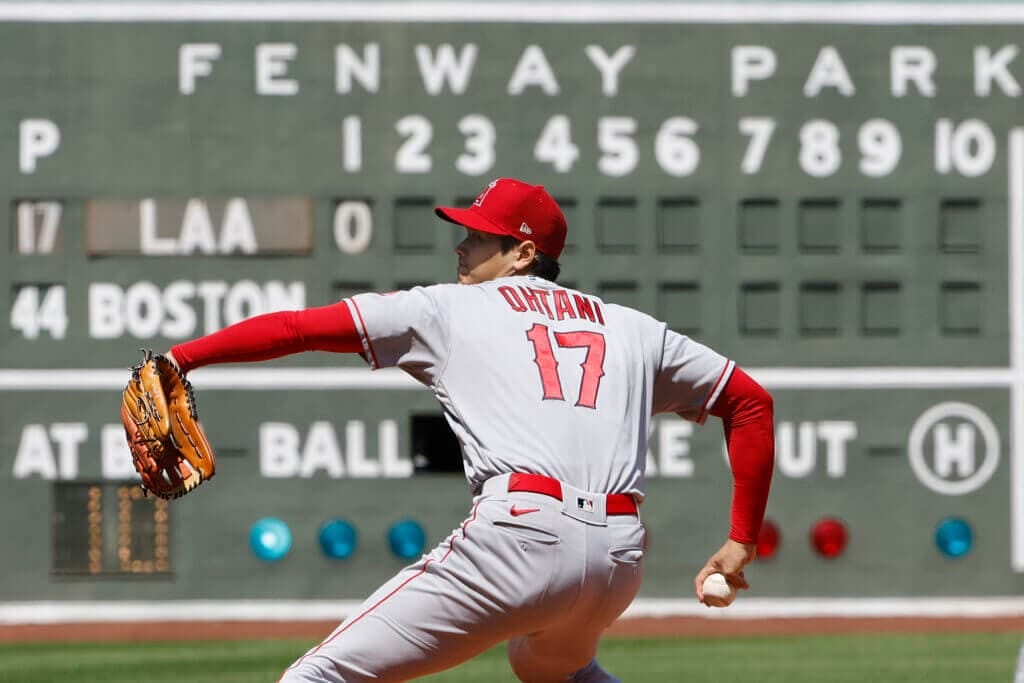 BOSTON, MA - MAY 5: Shohei Ohtani #17 of the Los Angeles Angels pitches against the Boston Red Sox during the first inning at Fenway Park on May 5, 2022 in Boston, Massachusetts. (Photo By Winslow Townson/Getty Images)