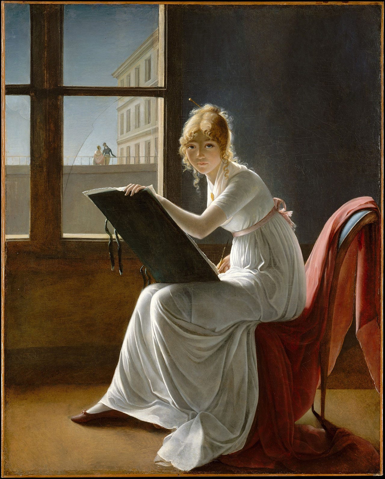 An oil painting of a young woman dressed in a flowing, white dress sitting on a chair with a red drape. An easel rests on her knees and she is evidently drawing. She is gazing directly at the observer.