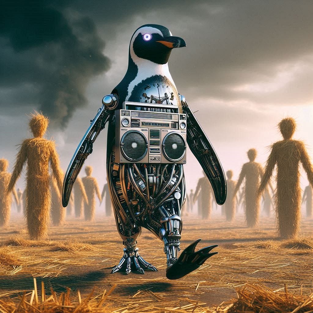  a cyborg penguin, half sleek feathers, half gleaming chrome, waddling through a field of straw men under a smoky sky. Its boombox torso blares a distorted remix of 
