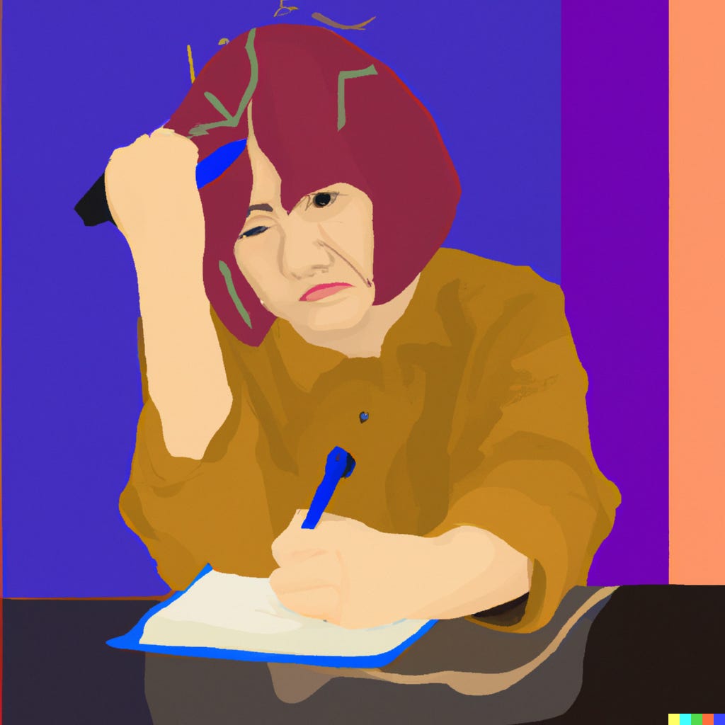A person with red hair holding a pen and writing on a piece of paper

Description automatically generated