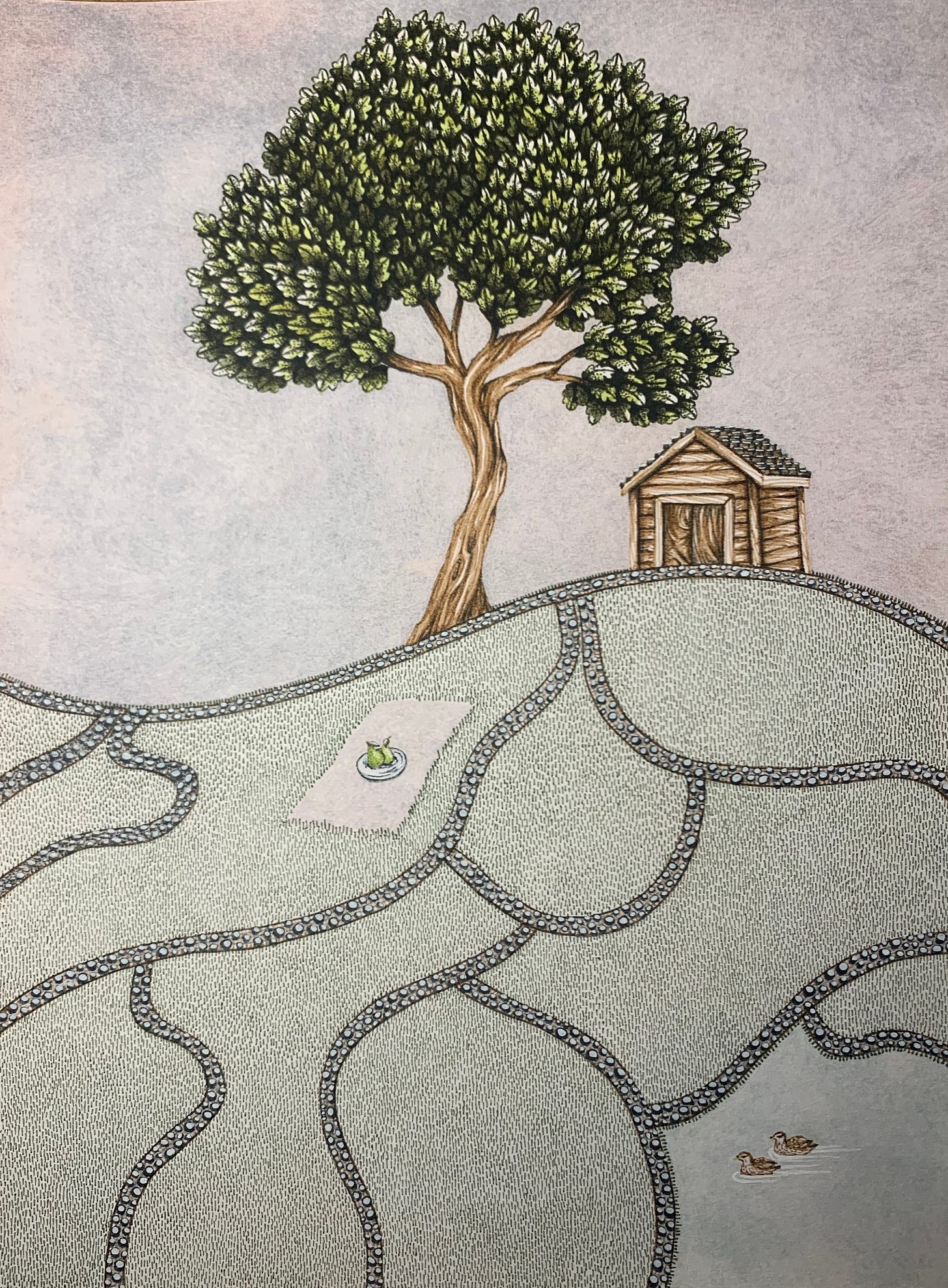 An ink drawing of a tree with a field underneath, with a shed, brick paths, and a duck pond.