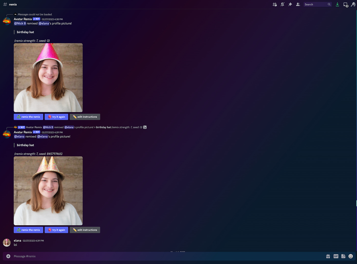 An example of Discord’s Avatar Remix in action. A user named “elana” is adding different types of hats to a photo of themselves using AI.