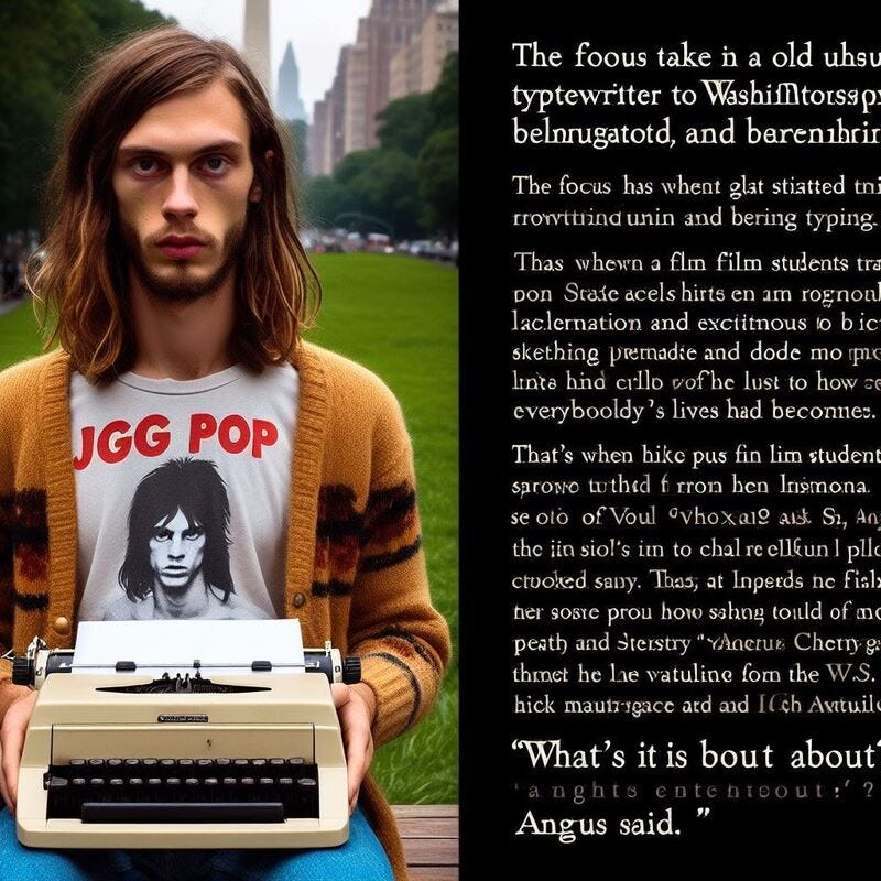 Angus Chitty took an old Underwood typewriter to Washington Square Park, sat down on a mountain cliff, and began typing:

The focus had shifted from liberation and fun and excitement to how downtrodden and miserable everybody’s lives had become.

That’s when some film students from the local School of Visual Arts approached him and asked him if he wanted to be in their thesis film.

"What’s it about?" Angus said.

A tall, skinny kid with Jesus hair and an Iggy Pop tee shirt spoke.

"It’s about this scientist who invents this technology whereby you can pick and choose which brain cells you wanna kill off while you’re drinking or doing drugs… ‘cuz, ya know how like you lose a thousand brain cells every time you take a drink or smoke a joint, yet have absolutely no control whatsoever over which cells die? Well, this technology enables you to choose with pinpoint accuracy, man. Say, for instance, you wanna knock off high school algebra. You hook these little electrodes up to you before you