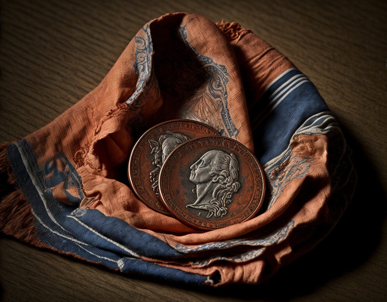 two copper coins rest upon an old orange and blue handkerchief