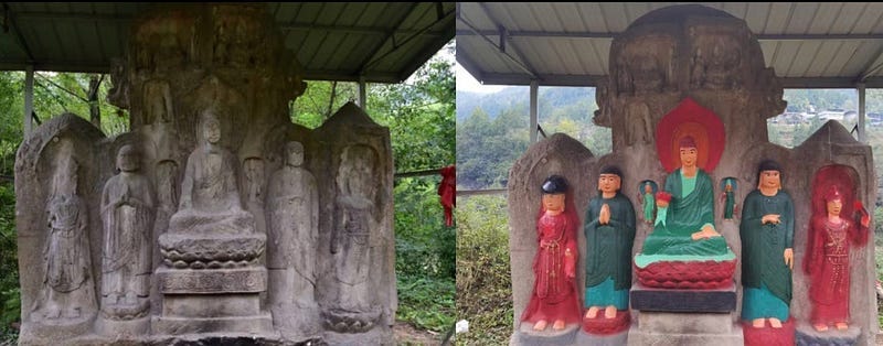 Old Buddhist statues on the left, just grey stone, on the right, covered in lively colors