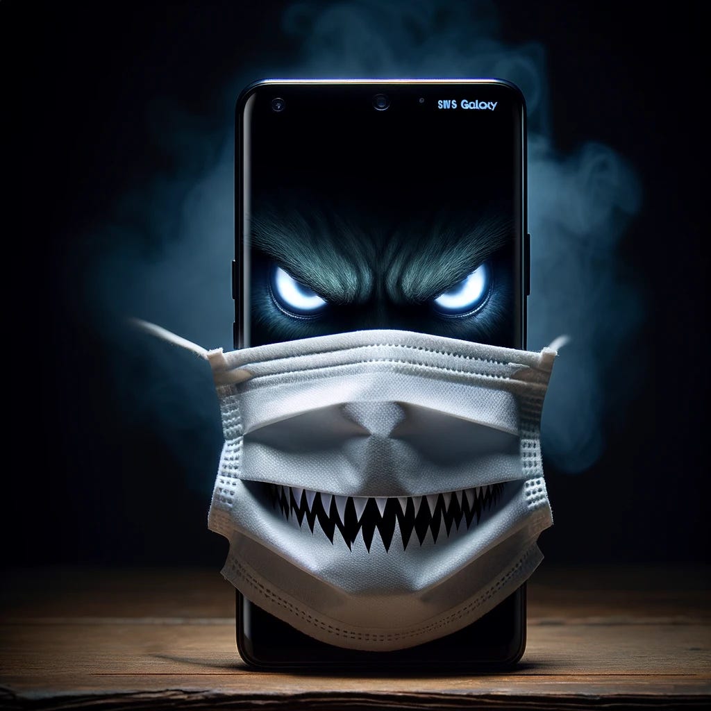 smart phone wearing a scary mask