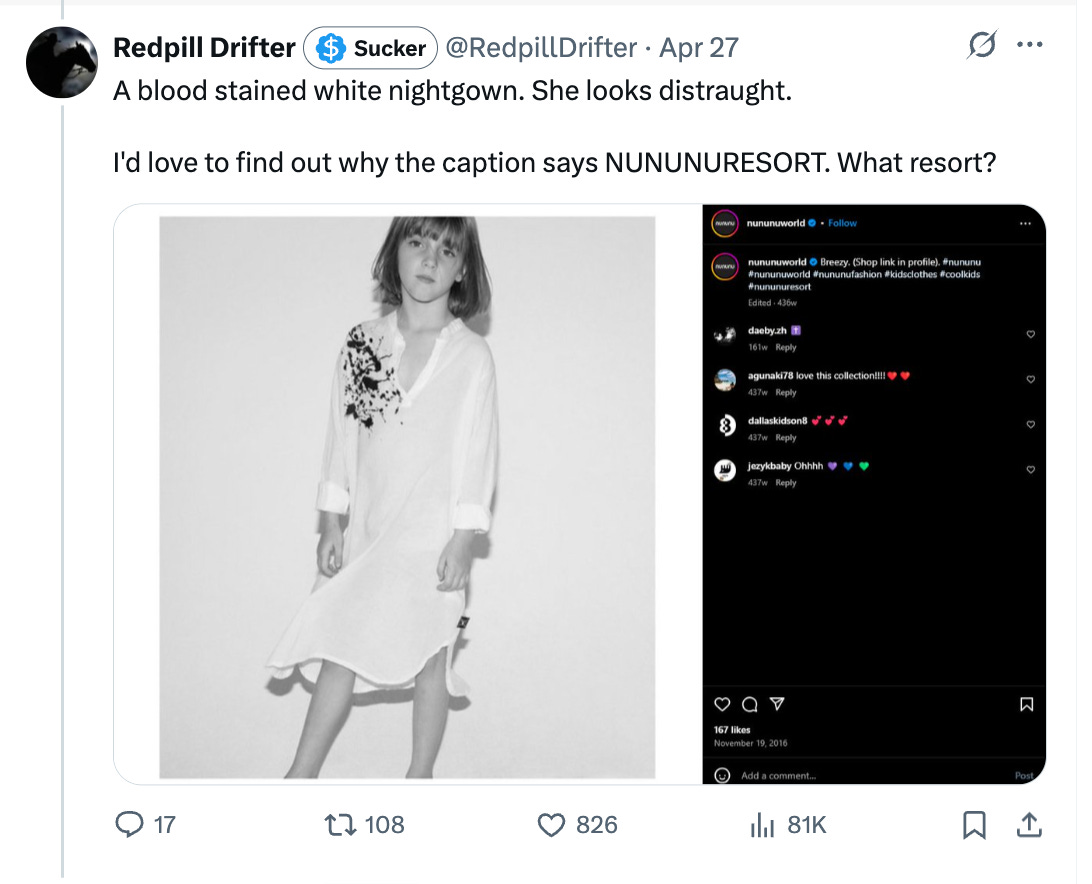 A blood stained white nightgown. She looks distraught.  I'd love to find out why the caption says NUNUNURESORT. What resort?