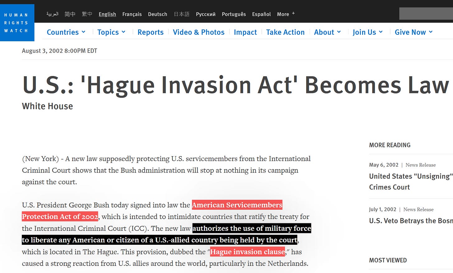 Hague Invasion Act Human Rights Watch