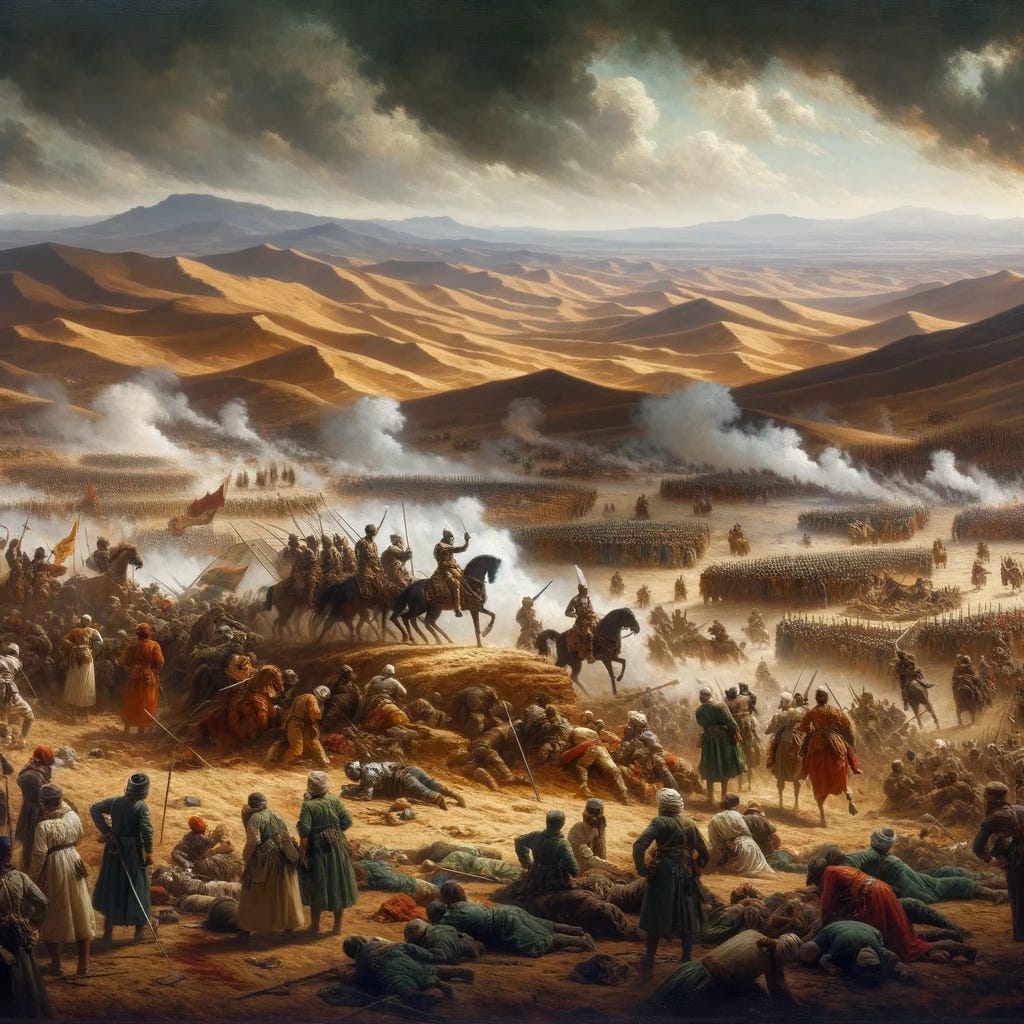 16th-17th century style oil painting showcasing the post-battle scenario of the Battle of the Three Kings in Morocco. Soldiers are scattered across the canvas, some in jubilation and others in sorrow. The Moroccan backdrop, defined by its undulating hills and desert vistas, adds depth to the scene. Traces of smoke emerging from different parts of the battlefield bear witness to the fierce confrontation that occurred. The painting's rich hues and moody atmosphere convey the emotional weight and historical importance of the event.