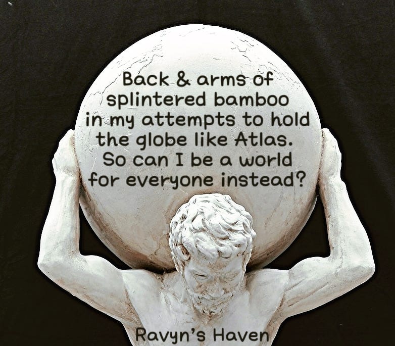 a sculpture of Atlas holding up the world on this shoulders with the first three lines of my poem within the sphere