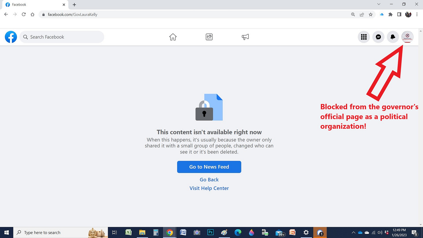 May be an image of text that says 'Facebook facebook.com/GovLauraKelly Search Facebook This isn't available right now When usually because owner only shared witha ma people, anged who can see orit's been deleted. 1 Blocked from the governor's official page as political organization! Go News Feed Go Back Visit Help Center e 12:49PM 早。'