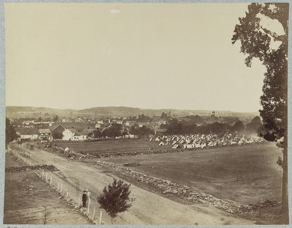 Photograph of a view of Gettysburg from Cemetery Hill.