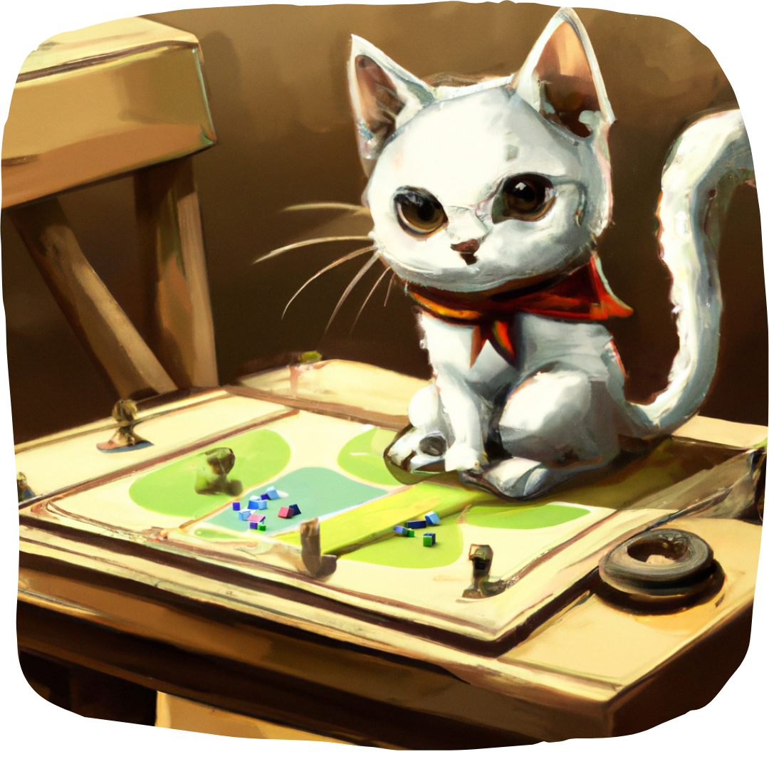 Drawing of a cat sitting on a game board