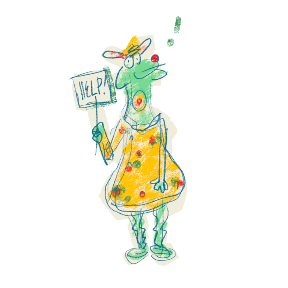 An illustration of a Polkaroo holding a sign that says "help!"