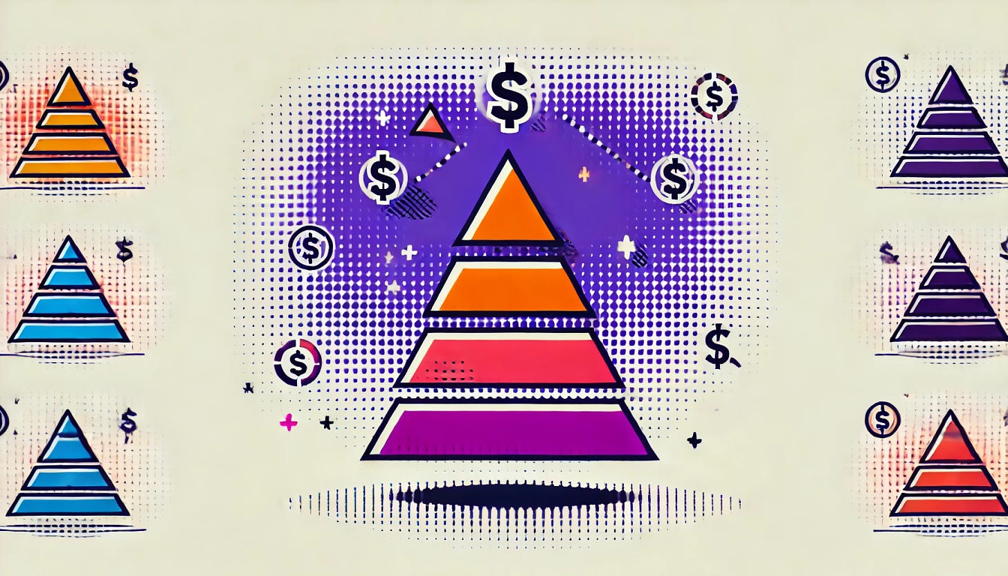 A pop art style illustration depicting a single concept of a 'Ponzi scheme.' The color palette is restricted to bright purple, bright orange, black, and white, with a white background. The design features a simple, clean representation of the scheme, with a clear pyramid structure symbolizing the hierarchy, and small symbols like currency signs to hint at financial deception. The scene is minimal and focused, avoiding any repetition of elements.