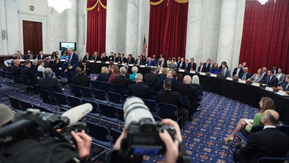 Top U.S. technology leaders including Tesla CEO Elon Musk, Meta Platforms CEO Mark Zuckerberg, Alphabet CEO Sundar Pichai, OpenAI CEO Sam Altman, Nvidia CEO Jensen Huang, Microsoft CEO Satya Nadella, IBM CEO Arvind Krishna and former Microsoft CEO Bill Gates take their seats for the start of a bipartisan Artificial Intelligence (AI) Insight Forum, in September 2023.