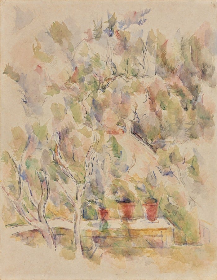 A pale, delicate watercolour of flowerpots and watery outlines of trees and shrubs