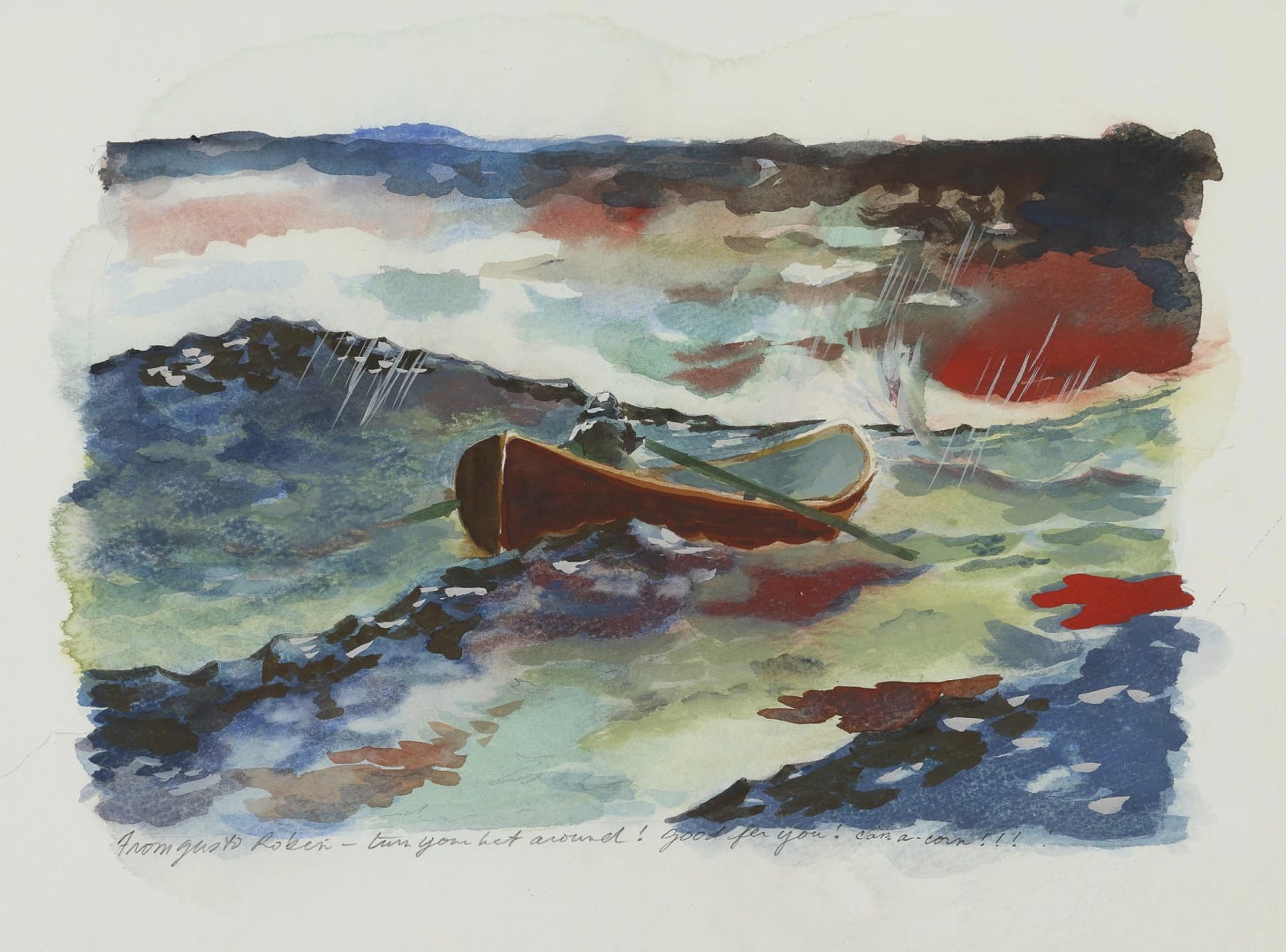 watercolor painting of a person rowing a dinghy in rough seas