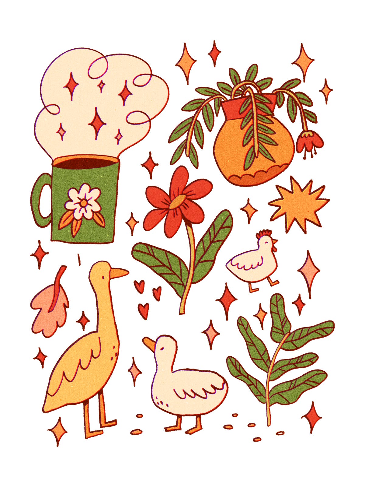 A digital drawing of a collection of many cute things: a duck and a bigger bird, a chicken, a magical coffee cup, some flowers and sparkly stars.