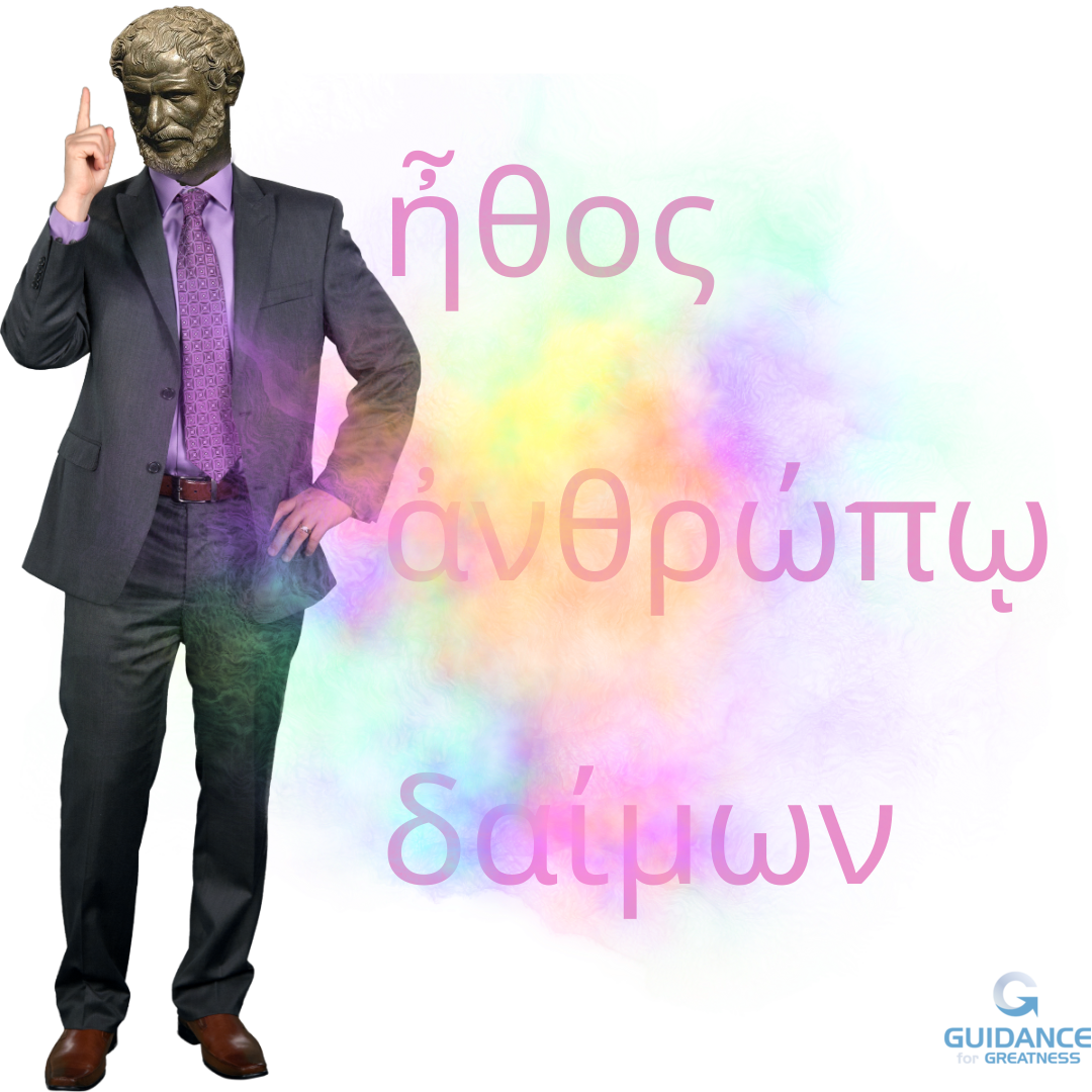 A businessman in a suit pointing up with a bust of Heraclitus for a head. The words “character is destiny” in violet are alongside the image in the original Greek. A cloud of color is in the foreground.