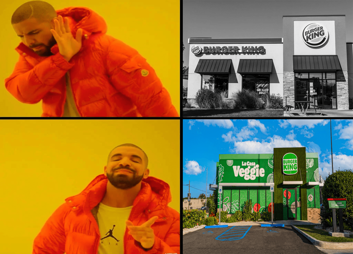 Drake wincing at an older, traditional Burger King with Drake, underneath, pointing happily at La Casa Veggie.