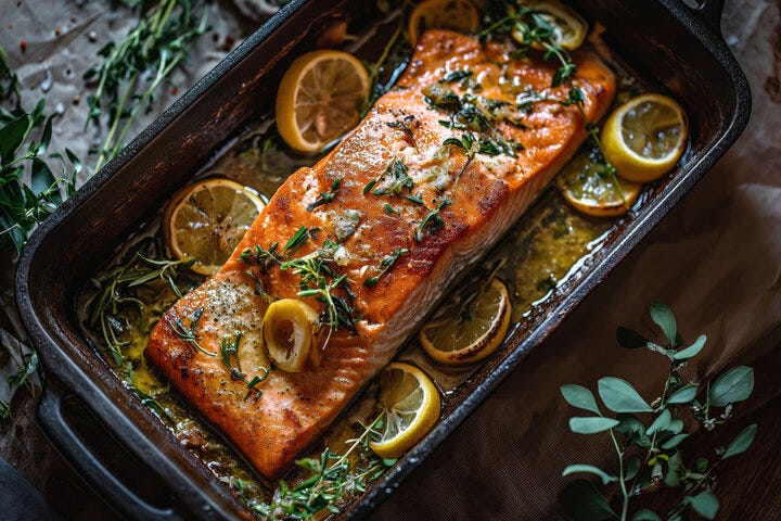 Roasting dish of fresh salmon trout with lemon.
