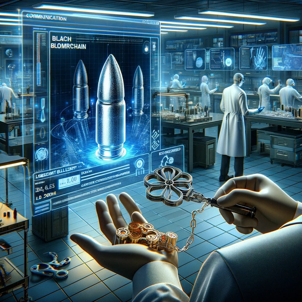 Illustrate the concept of using blockchain technology to ensure the integrity of information in communications, specifically focusing on applications like scanning embedded bullets and other forensic evidence. The image should depict a high-tech forensic laboratory setting, where experts are analyzing evidence with advanced equipment. In the foreground, a forensic scientist examines a bullet recovered from a crime scene, displayed on a transparent digital screen showing blockchain-encrypted data. This visualization underscores the secure, tamper-proof nature of blockchain technology in maintaining the integrity of critical forensic data. The lab is filled with futuristic gadgets and screens, highlighting the innovative approach to crime scene investigation and evidence analysis.