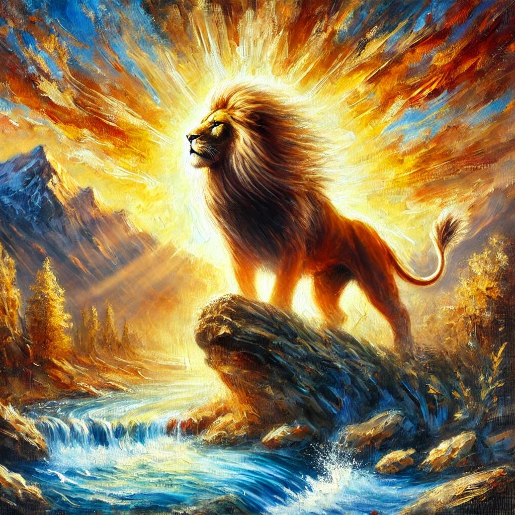 A dynamic oil painting symbolizing the essence of testosterone and vitality, featuring a powerful lion standing on a rocky cliff at sunrise, radiating strength and energy. The lion's golden mane glows in the warm light, symbolizing vitality and leadership. In the background, a rugged mountain range represents resilience, while a flowing river below suggests renewal and balance. The scene is painted with expressive, textured strokes, using bold and vibrant colors such as deep golds, rich reds, and strong blues, evoking themes of strength, health, and empowerment.