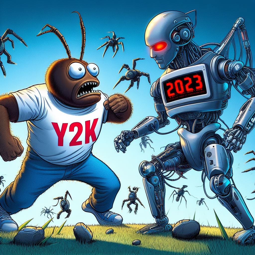 the Y2K bug with Y2K printed on his t-shirt getting into a fight with an artificial intelligence robot with 2023 printed on his