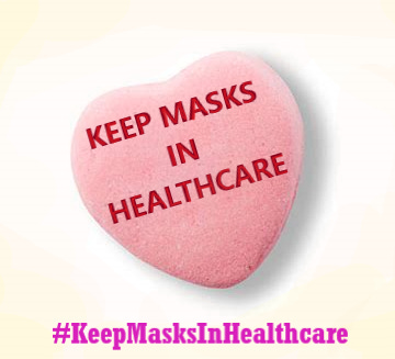 Picture is a Conversation Candy Heart stamped with the words Keep Masks In Healthcare. The caption reads hashtag #KeepMasksInHealthcare