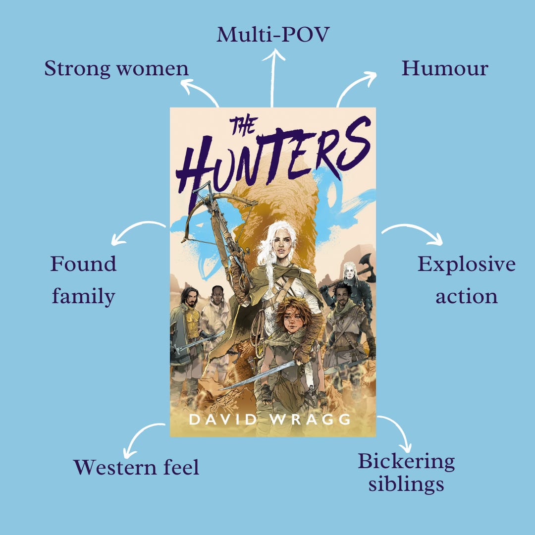 An image of The Hunters book by David Wragg, annotated: strong women, multi-pov, humour, found family, explosive action, western feel, bickering siblings.