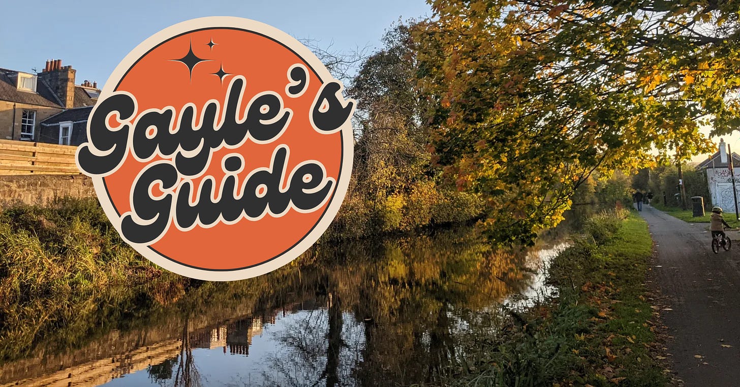 photo of the union canal and tow path with autumn leaves and Gayle's Guide logo