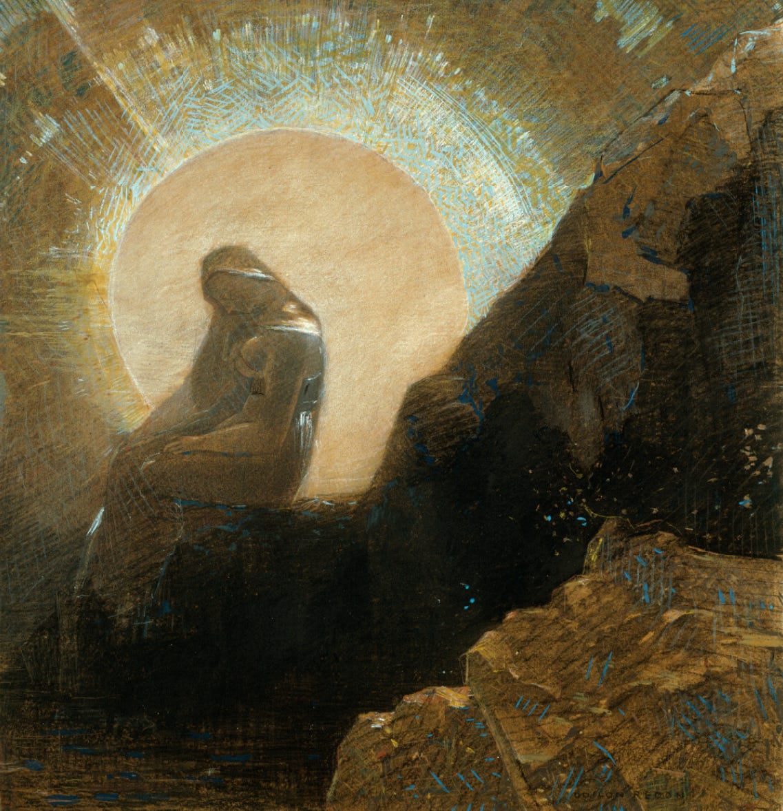 Artwork depicting a woman in profile, looking somber as she sits in profile against a towering cliff, with the sun radiating in the distance behind her