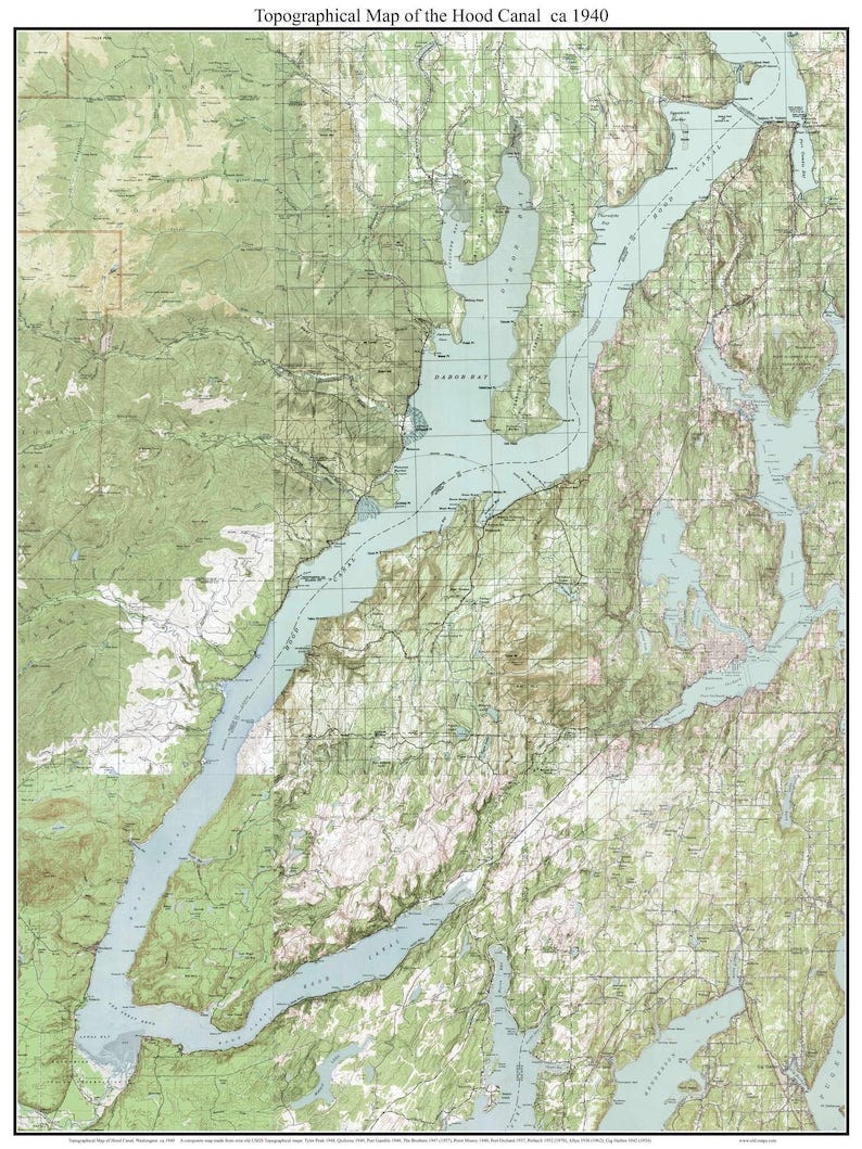 Hood Canal ca. 1940 USGS Old Topographic Map Custom Composite Washington 15x15 image 1