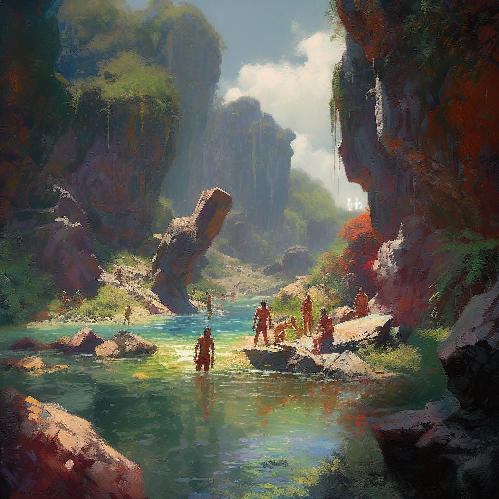An artistic rendering of naked figures by a flat rock on a river in a canyon. A very peaceful and relaxed scene.