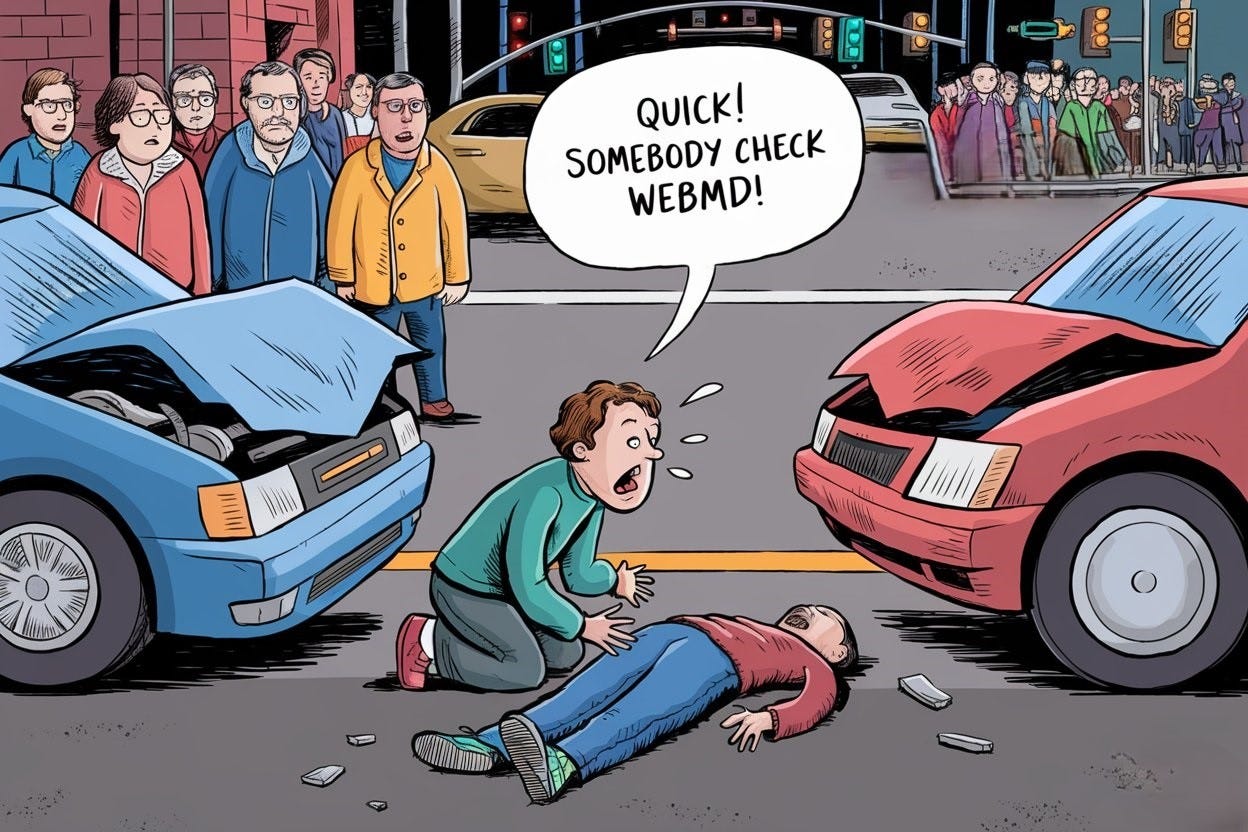 Cartoon illustration: Scene of a car accident with two damaged cars on a busy city street. A distressed person kneels down in front of a lying pedestrian, shouting “Quick! Somebody check WebMD!” Nearby, a few bystanders are watching in surprise and confusion, unsure how to react. The city background includes streetlights, cars, and a small crowd gathering.