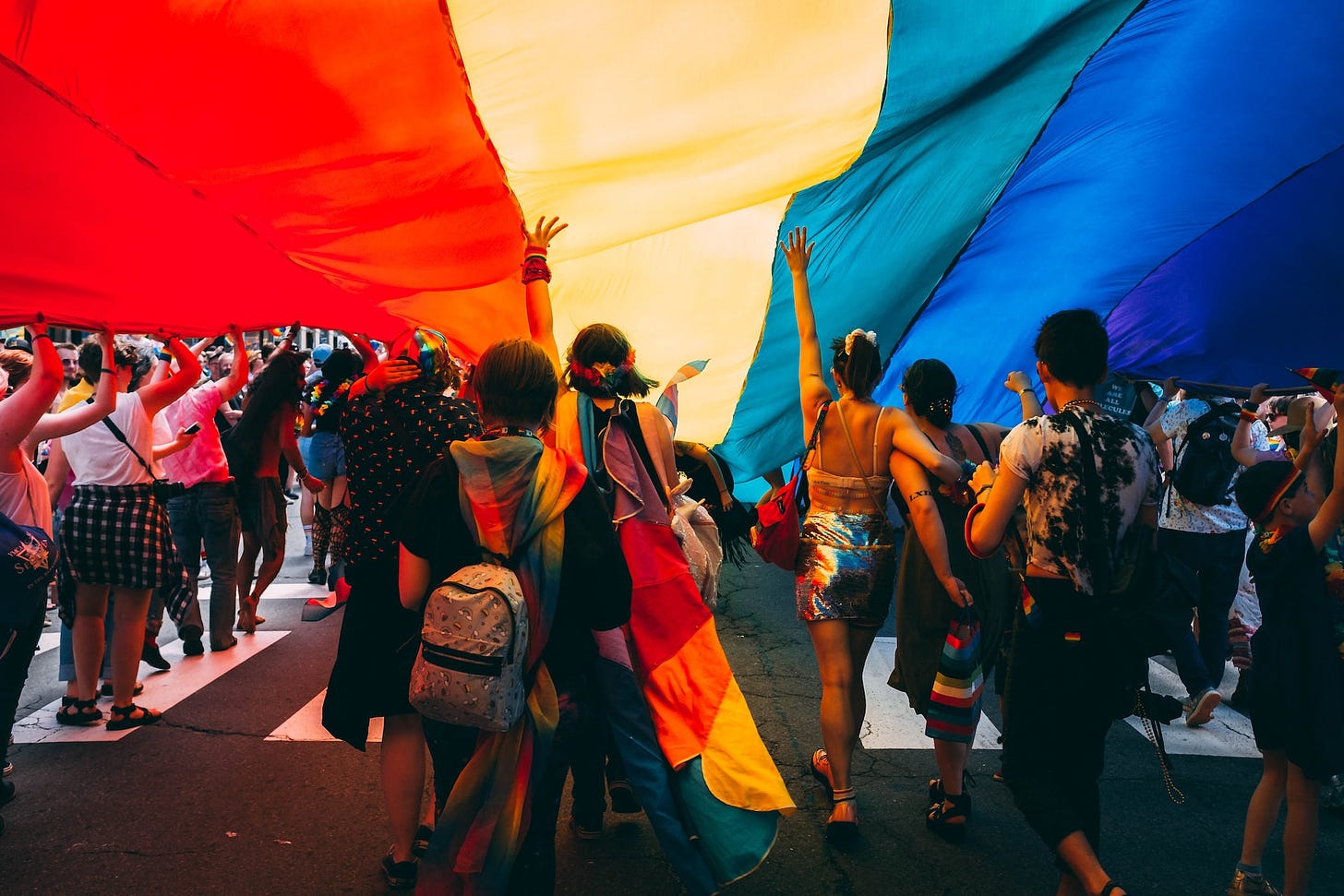 Sei persone di spalle camminano abbracciate all'ombra di un'enorme bandiera arcobaleno. Attorno a loro la folla di un Pride.