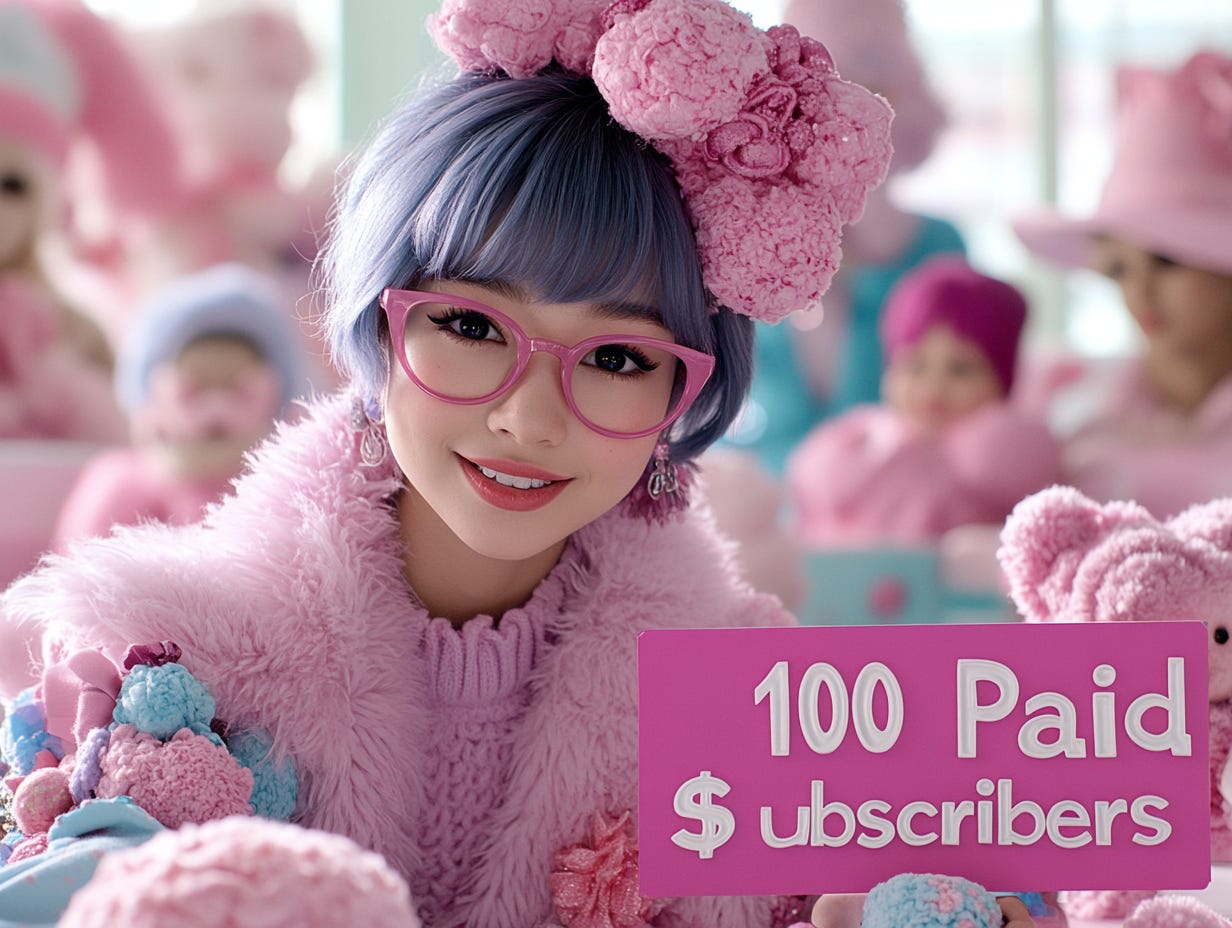 a young woman with glassess wearing colorful clothes and colorful accessories sitting on a desk with a sign with a 3d text “100 Paid $ubscribers” in pink on a flat background magazine key visual for an article. Photorealistic, studio shot. Debt of field a young woman with glassess wearing colorful clothes and colorful accessories sitting on a desk with a sign with a 3d text “100 Paid $ubscribers” in pink on a flat background magazine key visual for an article. Photorealistic, studio shot. Debt of field