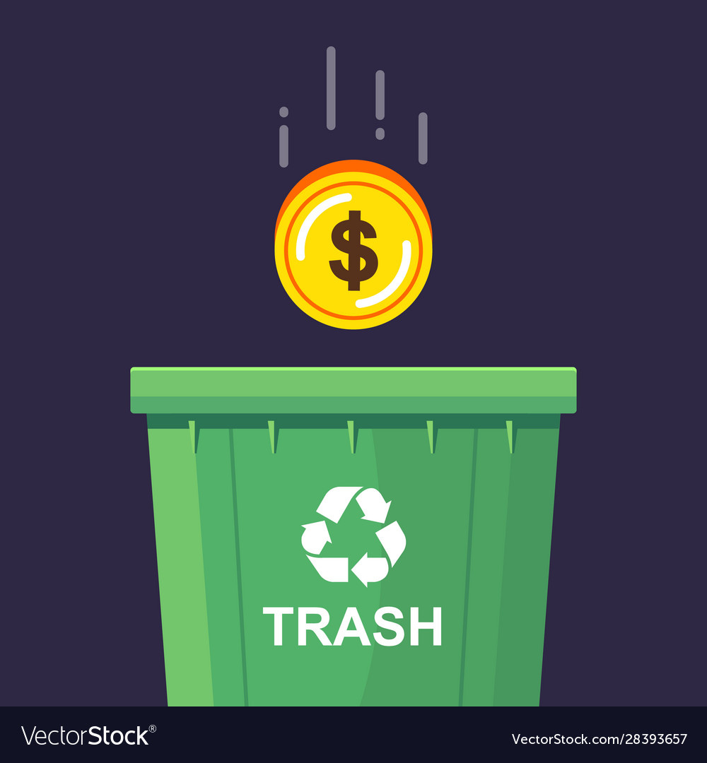 A gold coin is thrown into trash can Royalty Free Vector